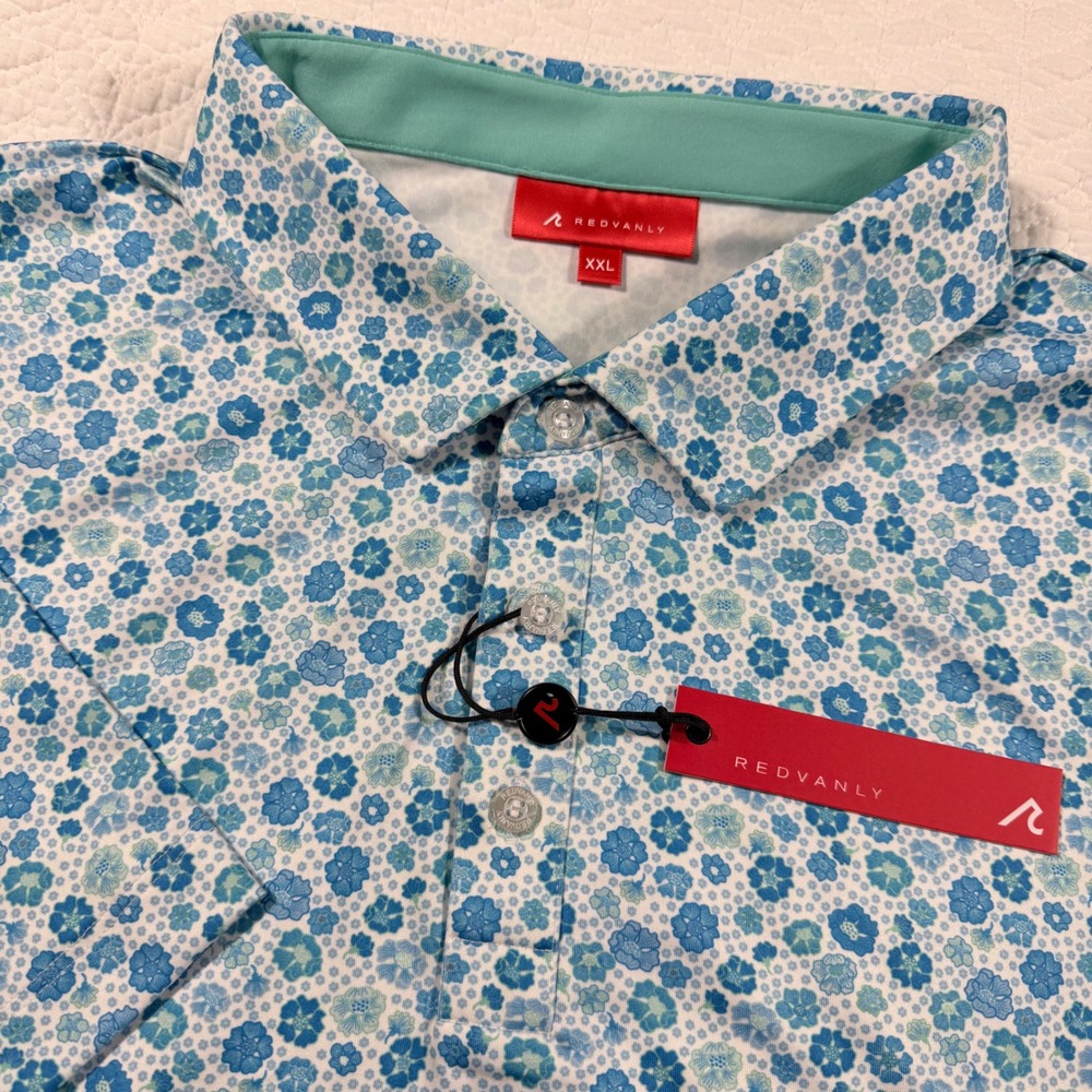 NWT REDVANLY‎ Mens XXL Golf Polo Shirt Beech Polo Malibu Blue Floral PUREpoly